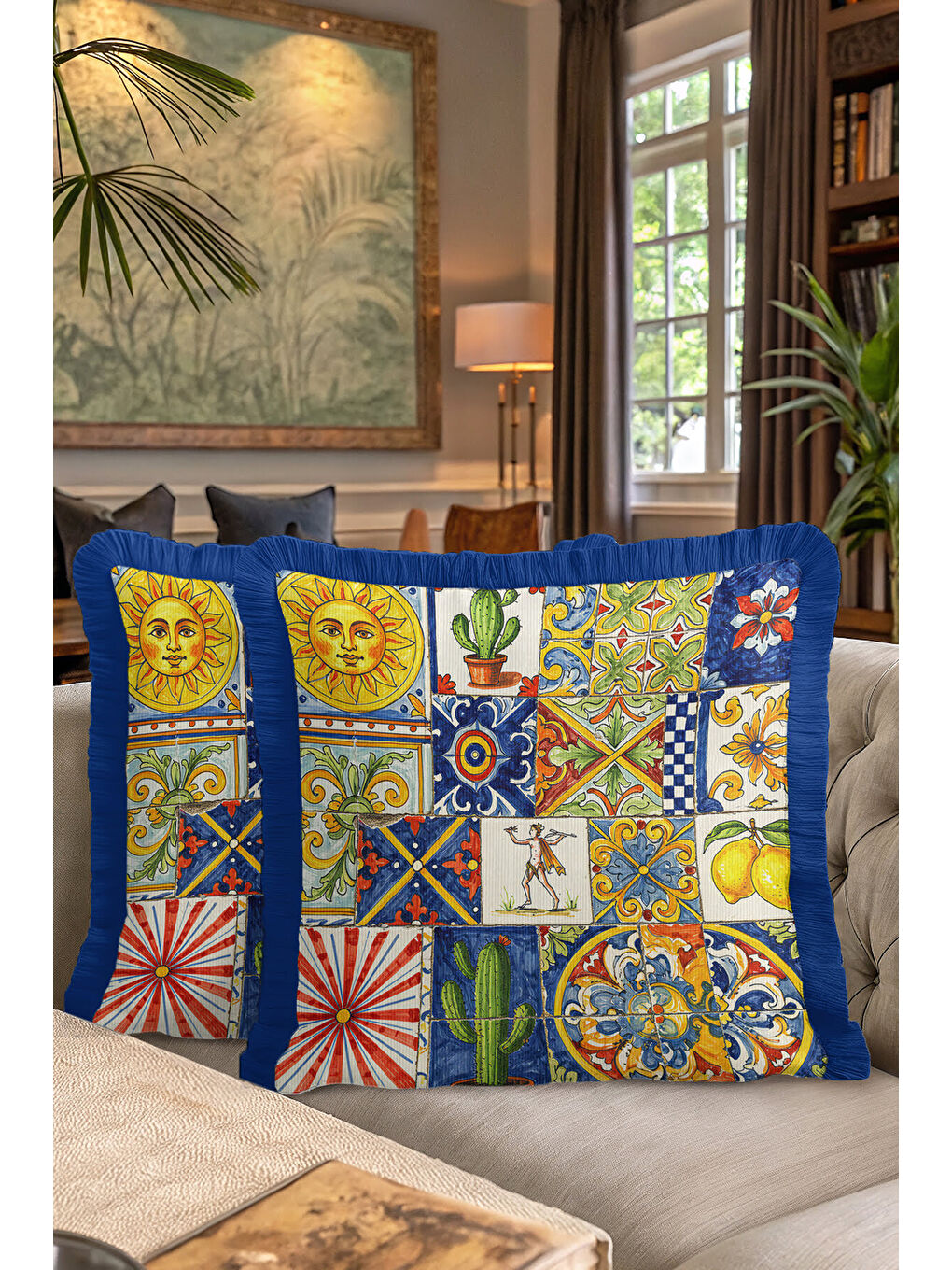 Karışık Akdeniz Seramik Motifli Saçaklı Yastık Kılıfı - Sicilya Stil Canlı Bohem Mavi Püsküllü Kırlent Kılıf-7