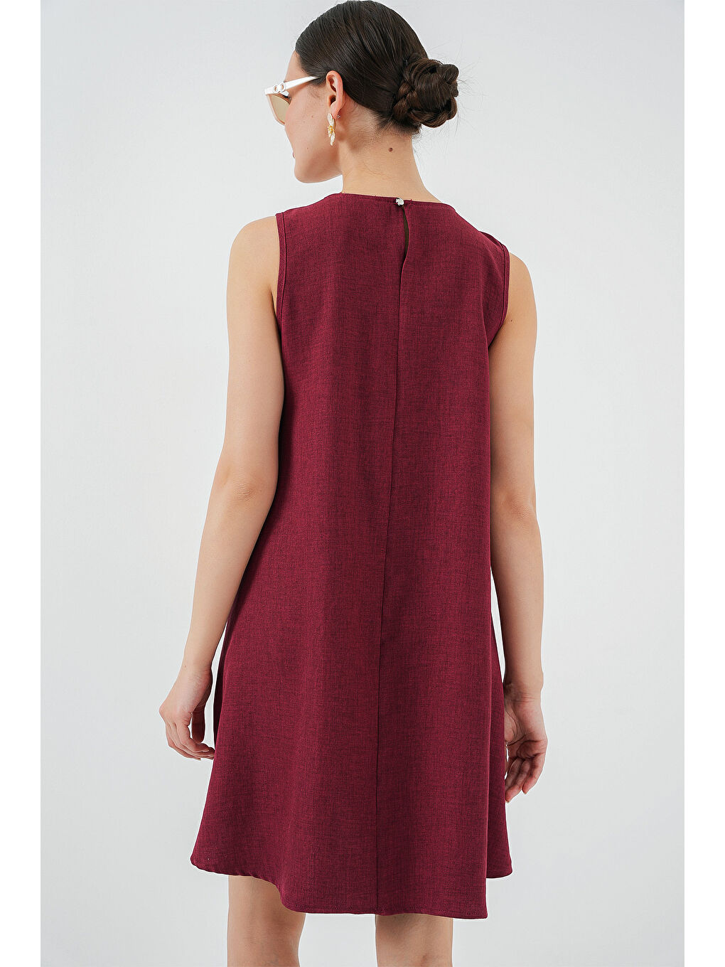 2444 Mini Keten Elbise - Bordo-5