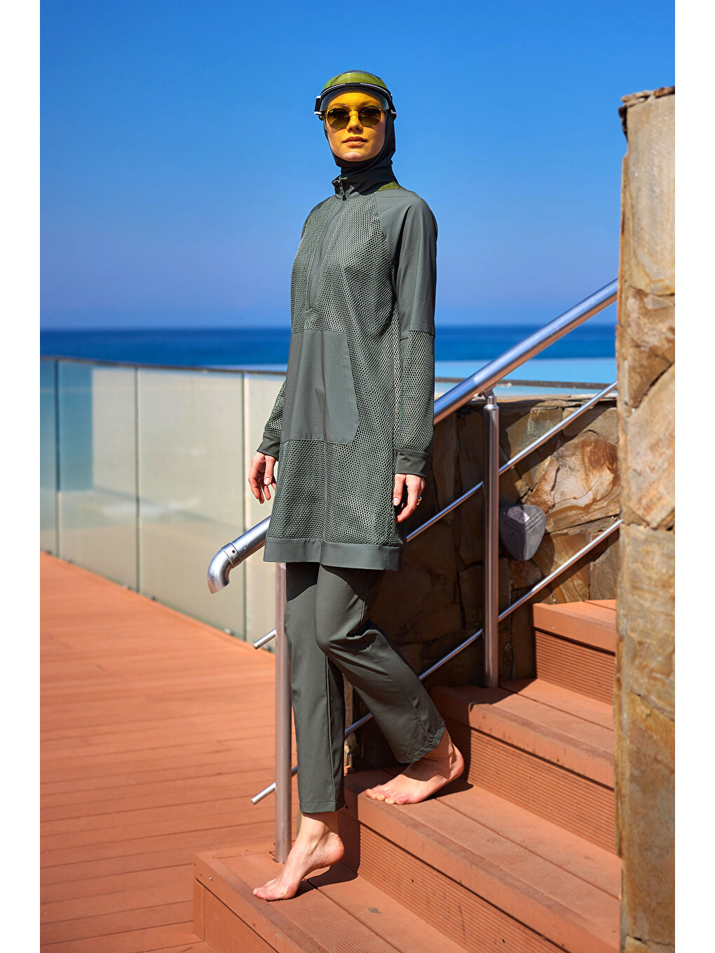 Haki Tam Kapalı Tesettür Mayo Tül Detaylı M2534-3-1