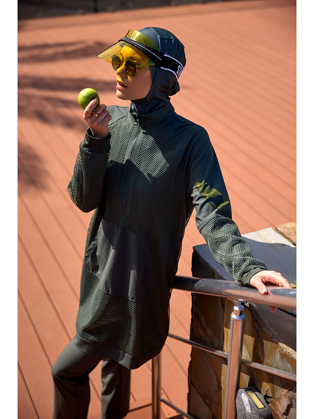 Haki Tam Kapalı Tesettür Mayo Tül Detaylı M2534-3-2