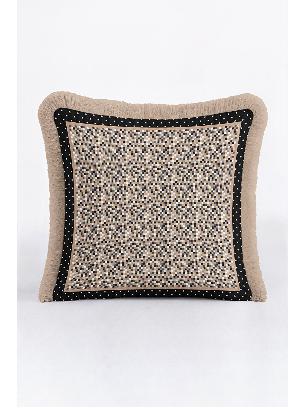 Karışık Mozaik Kareli Saçaklı Yastık Kılıfı - Geometrik Modern Siyah Bej Püsküllü Kırlent Kılıfı-1