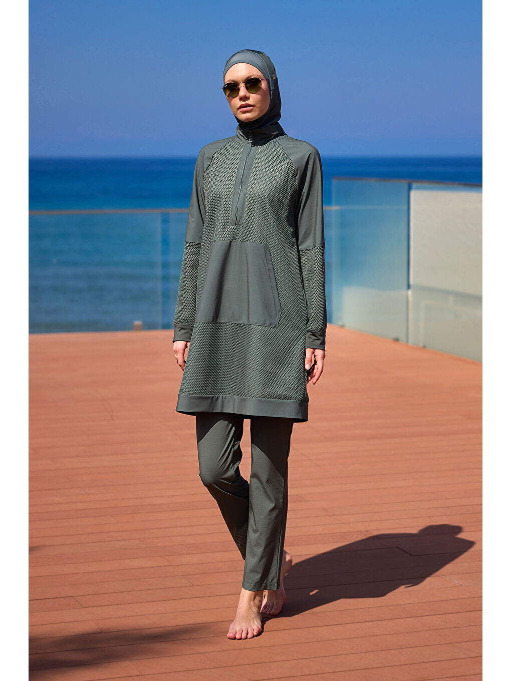 Haki Tam Kapalı Tesettür Mayo Tül Detaylı M2534-3-3