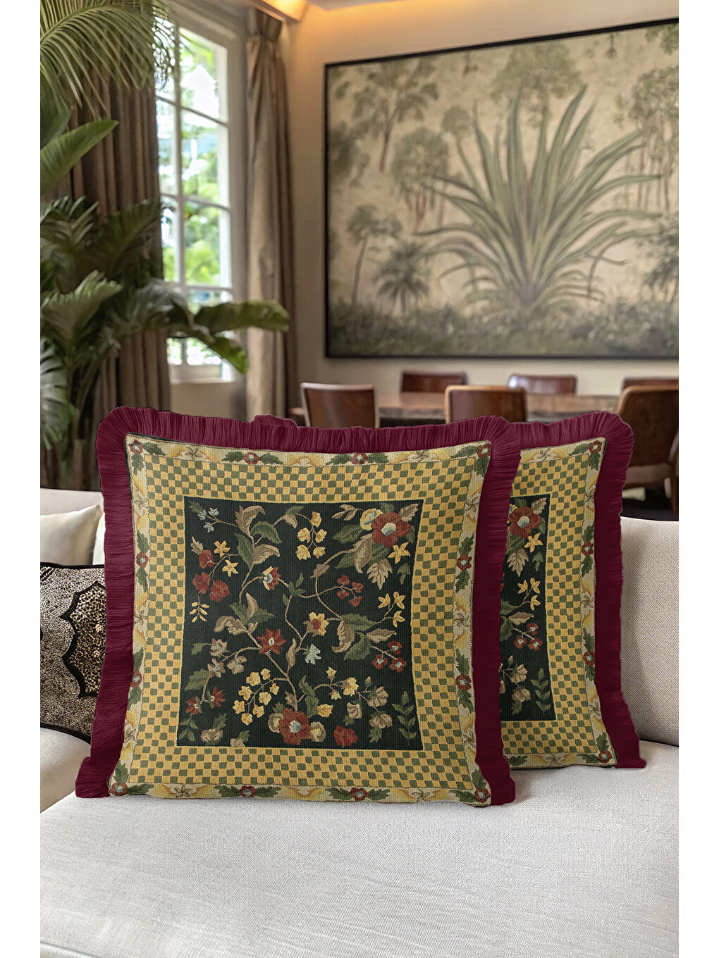 Karışık Vintage Çiçekli Saçaklı Yastık Kılıfı - Zarif Klasik Rustik Altın Renk Bordo Püsküllü Kırlent Kılıfı-5