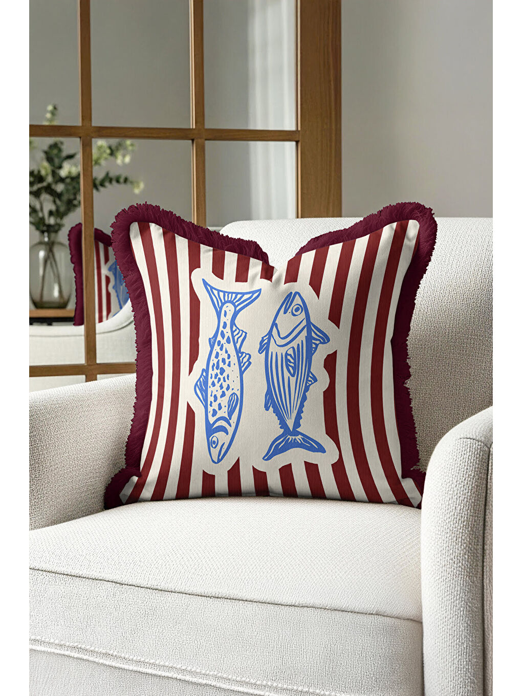 Karışık Marin Çizgili Saçaklı Yastık Kılıfı - Retro Deniz Temalı Mavi Bordo Püsküllü Kırlent Kılıfı-1
