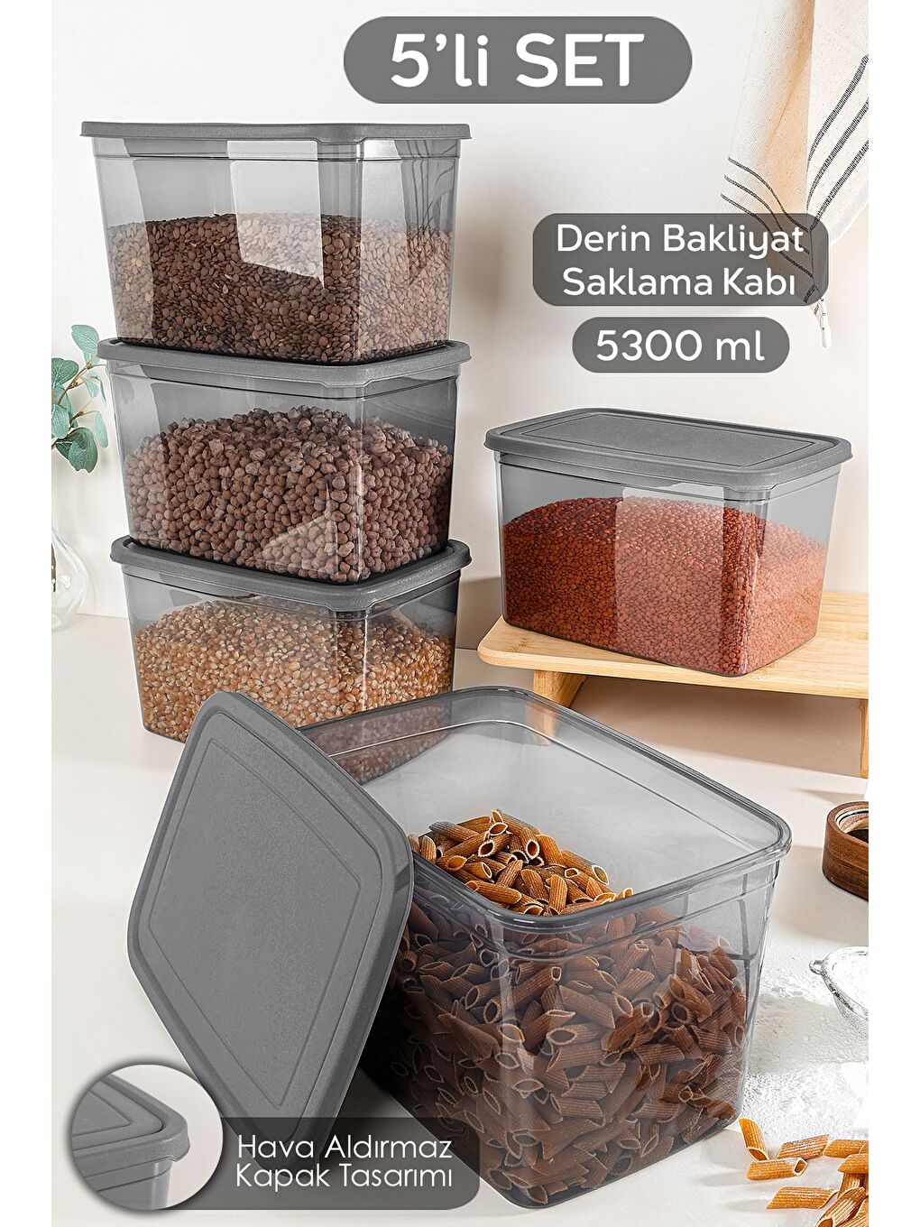 5 Adet Derin Erzak Saklama Kabı Büyük Boy Gıda Un Bakliyat Kabı Erzak Kutusu Antrasit 5300 ml