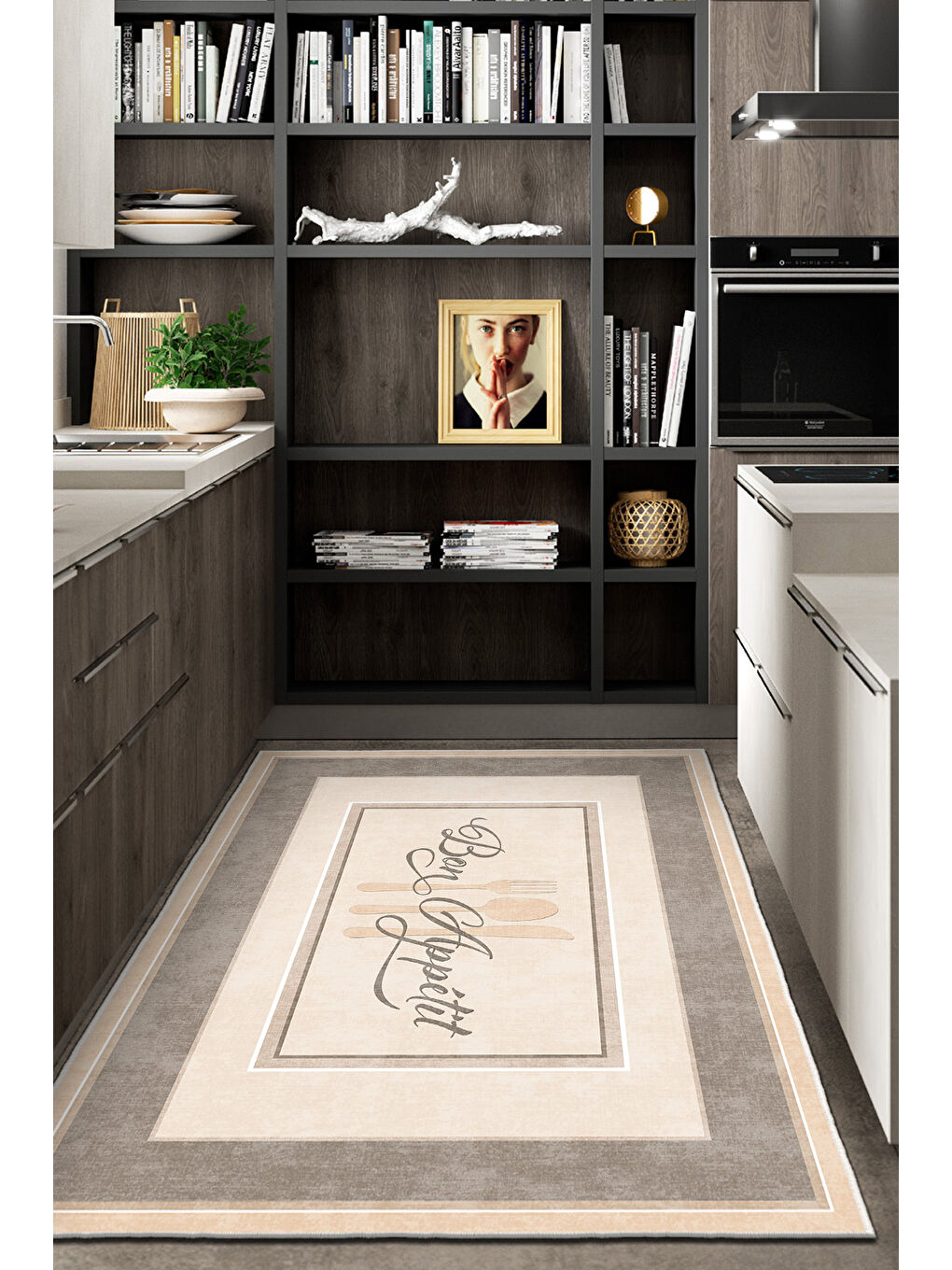 Ekru Dekoratif Özel Tasarım Yıkanabilir İnce Kaymaz Tabanlı Modern Halı KECE FR41-2