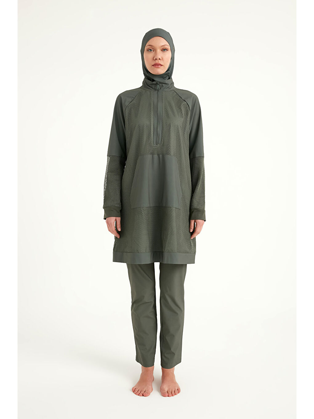 Haki Tam Kapalı Tesettür Mayo Tül Detaylı M2534-3-4