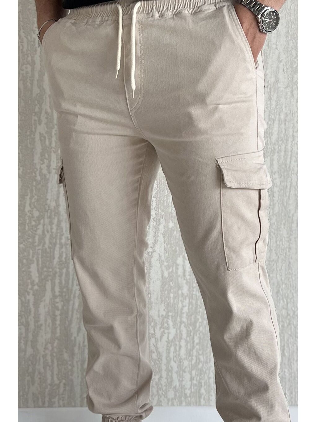 Bej Bel Ve Paça Lastikli Kargo Cep Gabardin Erkek Pantolon-3