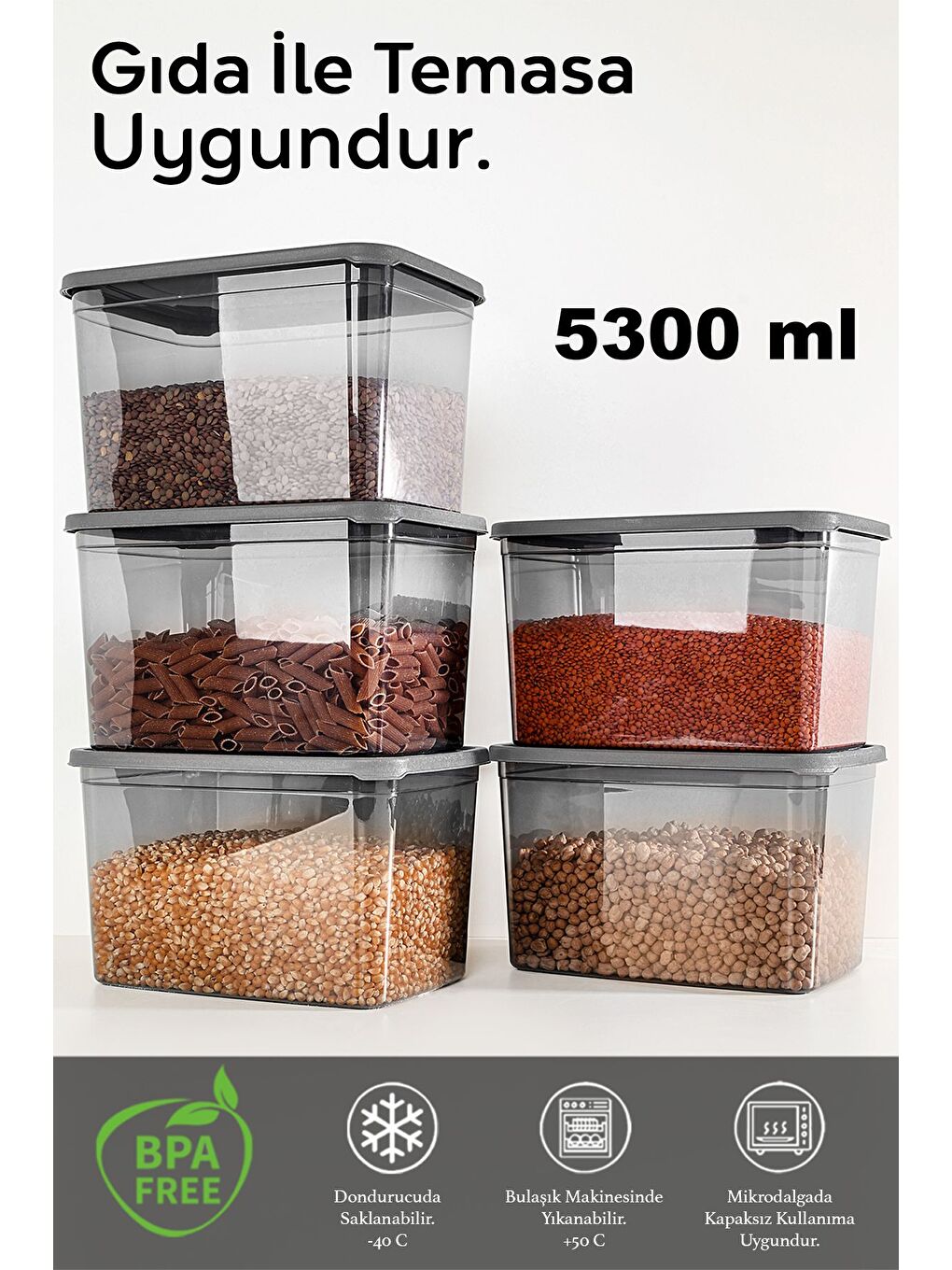 5 Adet Derin Erzak Saklama Kabı Büyük Boy Gıda Un Bakliyat Kabı Erzak Kutusu Antrasit 5300 ml-1
