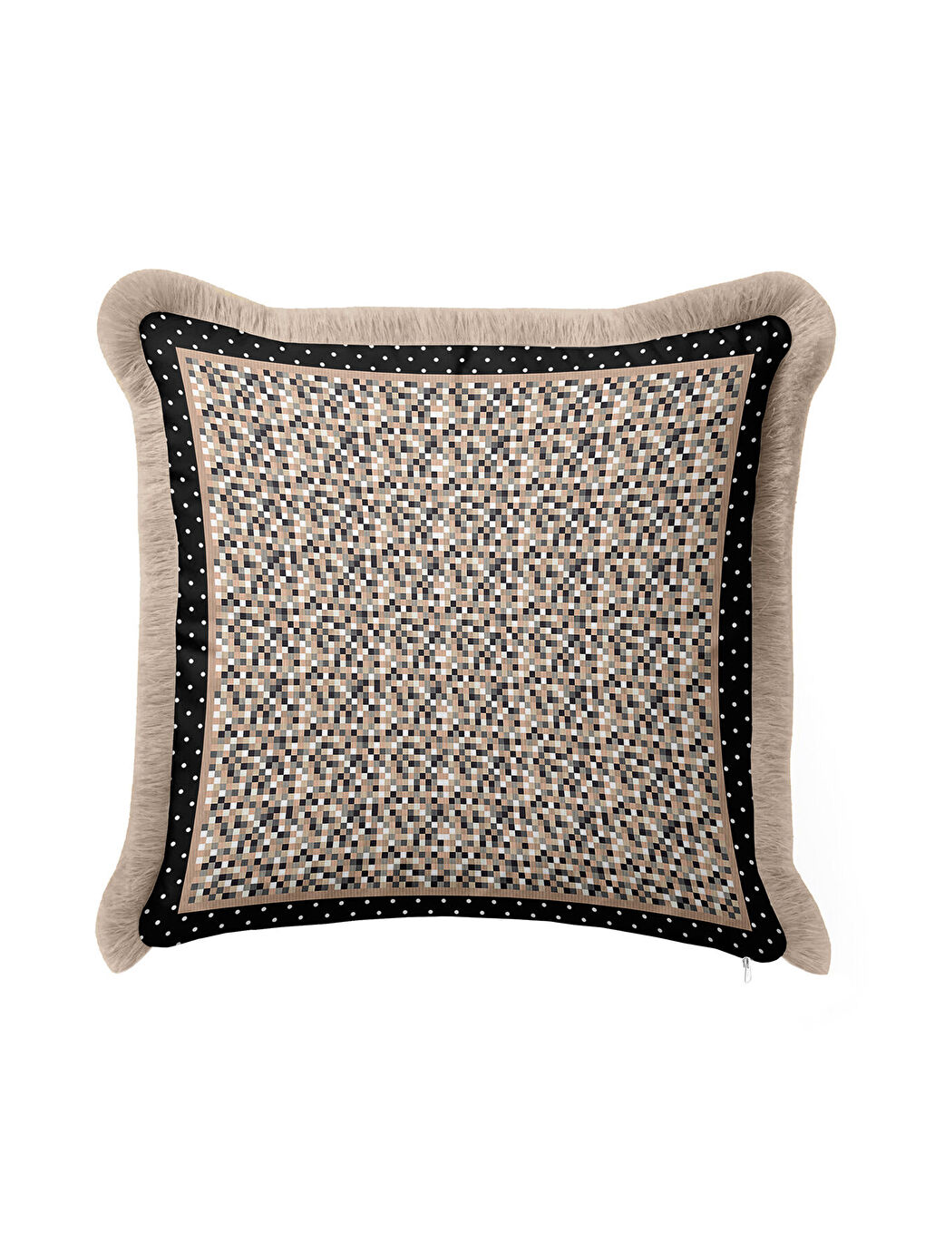 Karışık Mozaik Kareli Saçaklı Yastık Kılıfı - Geometrik Modern Siyah Bej Püsküllü Kırlent Kılıfı-2