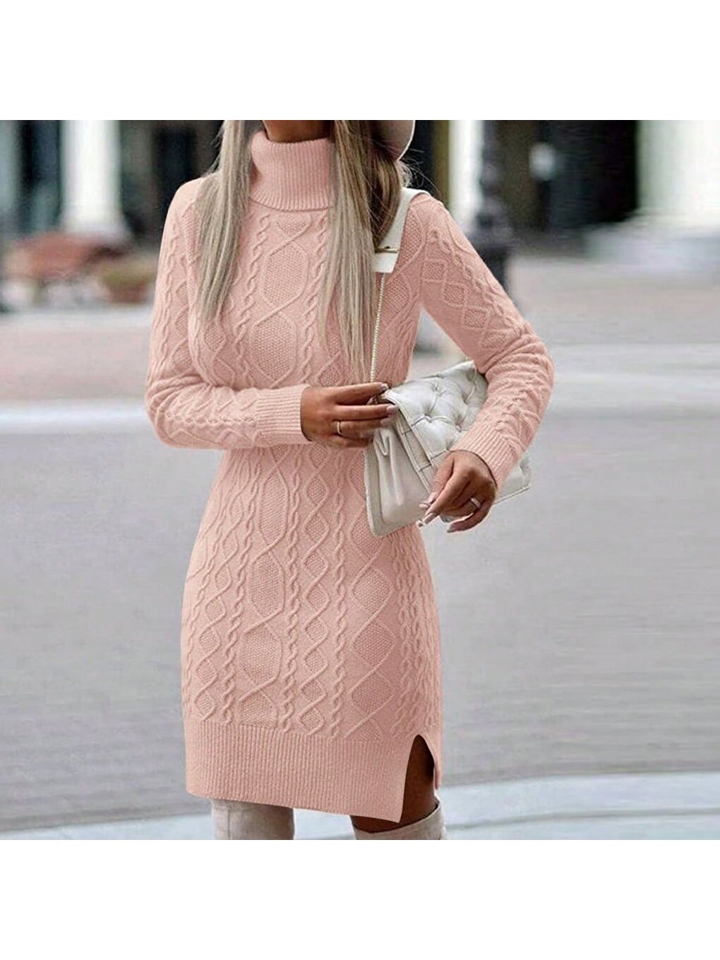 Pembe Loren Yünlü Motifli Midi Boy Triko Elbise-1