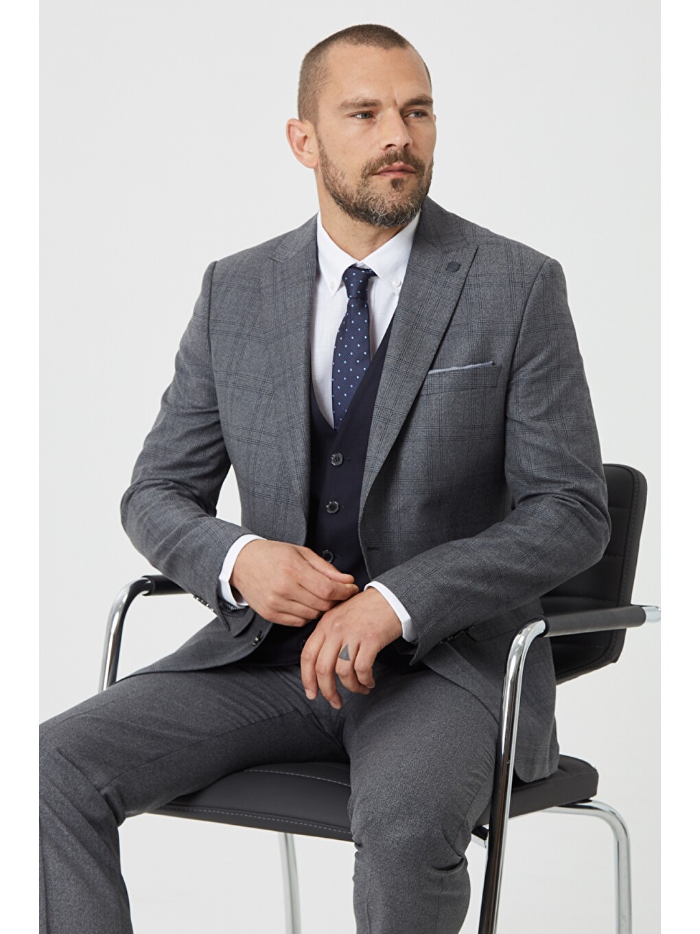 Erkek Gri Slim Fit Dar Kesim Su Geçirmez Yelekli Nano Takım Elbise-2