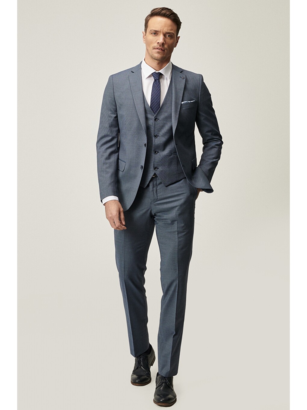 Erkek Lacivert-mavi Slim Fit Desenli Lacivert-mavi Yünlü Su Geçirmez Nano Yelekli Takım Elbise-1