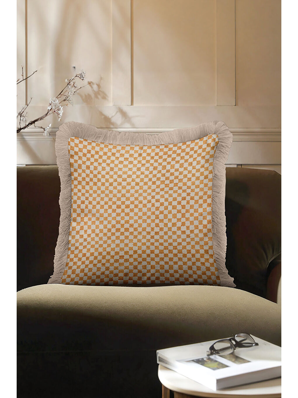 Karışık Lüks Modern Kareli Saçaklı Yastık Kılıfı - Bohem Ekose Altın Renkli Püsküllü Kırlent Kılıfı-1