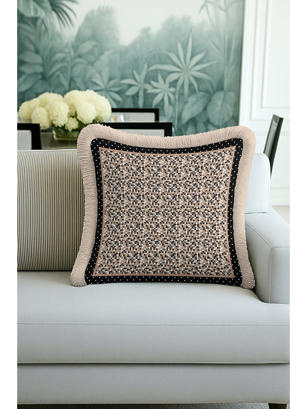Karışık Mozaik Kareli Saçaklı Yastık Kılıfı - Geometrik Modern Siyah Bej Püsküllü Kırlent Kılıfı-3