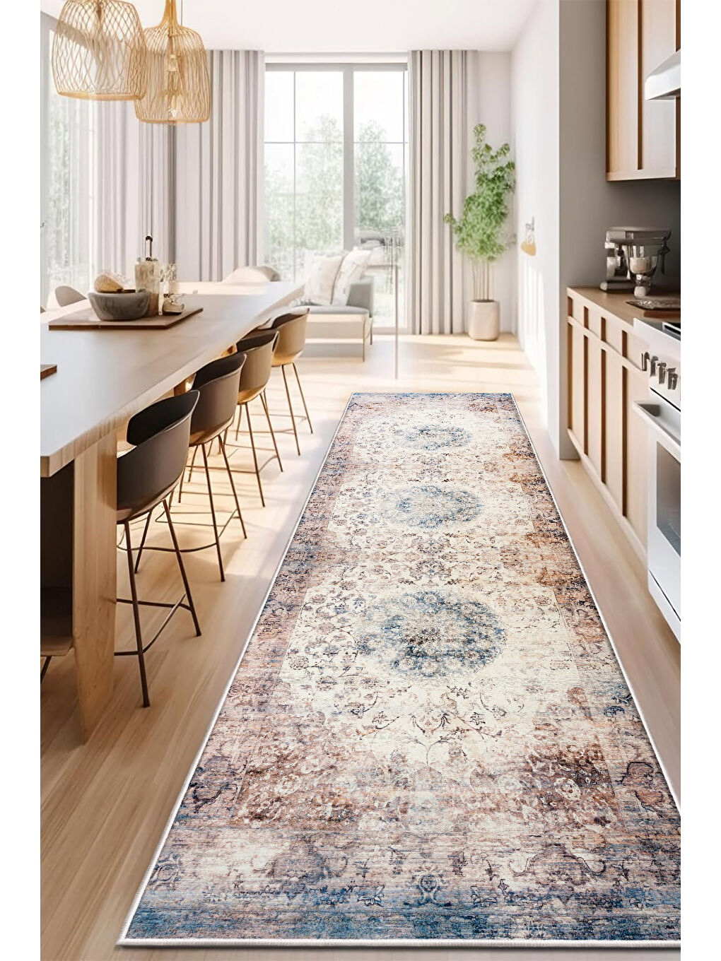 Bej Dekoratif Özel Tasarım Yıkanabilir İnce Kaymaz Tabanlı Modern Halı KECE FR38-4