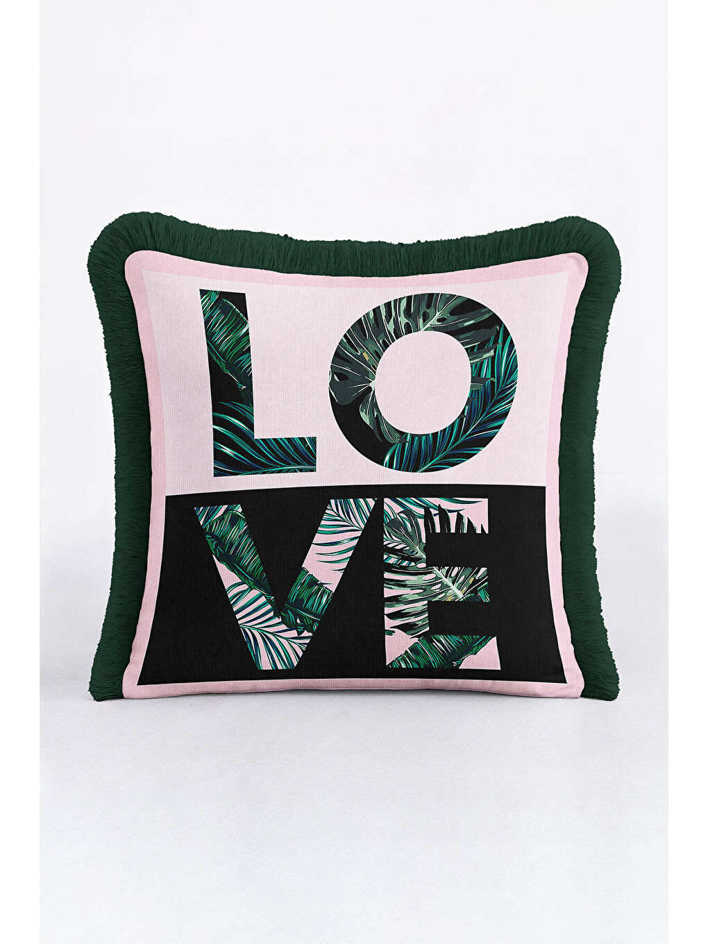 Karışık Tropikal Yaprak Motifli Saçaklı Yastık Kılıfı - Modern Jungle Yeşil Pembe Püsküllü Kırlent Kılıfı-3
