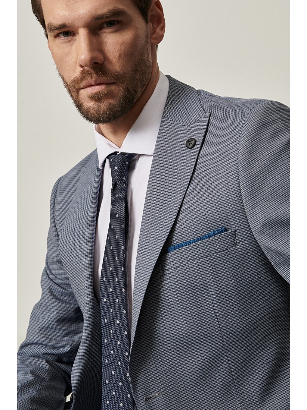 Erkek Mavi-gri Slim Fit Pötikare Desenli Yünlü Su Geçirmez Nano Takım Elbise-4