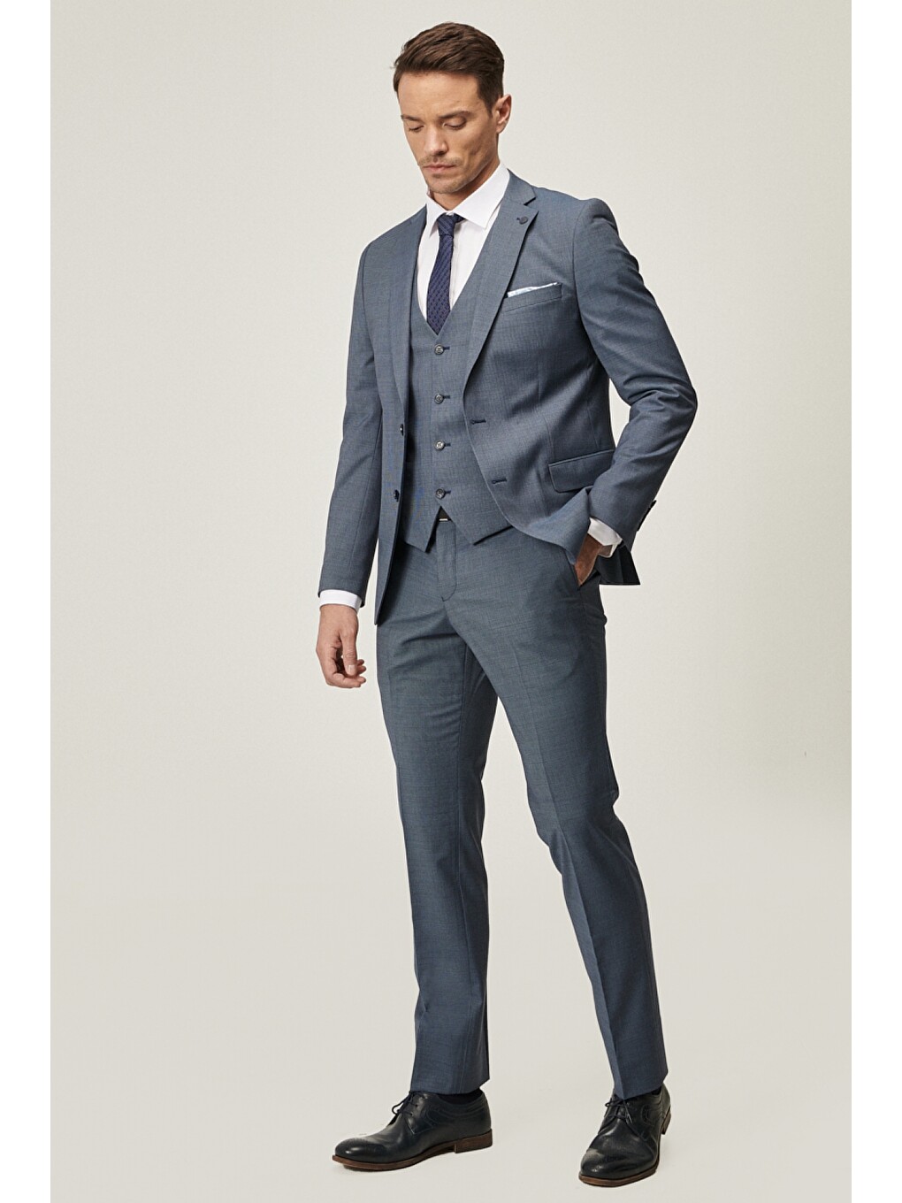 Erkek Lacivert-mavi Slim Fit Desenli Lacivert-mavi Yünlü Su Geçirmez Nano Yelekli Takım Elbise-2