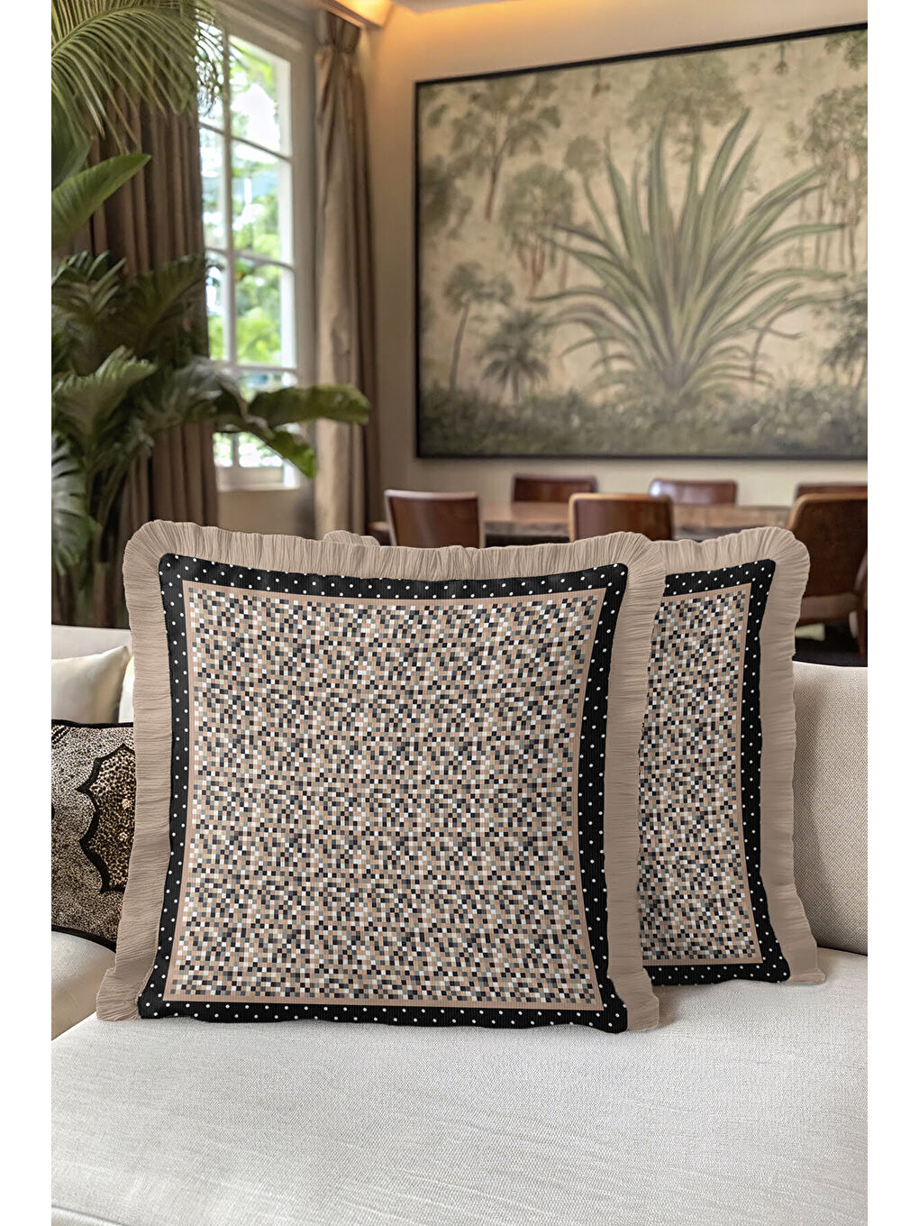 Karışık Mozaik Kareli Saçaklı Yastık Kılıfı - Geometrik Modern Siyah Bej Püsküllü Kırlent Kılıfı-5