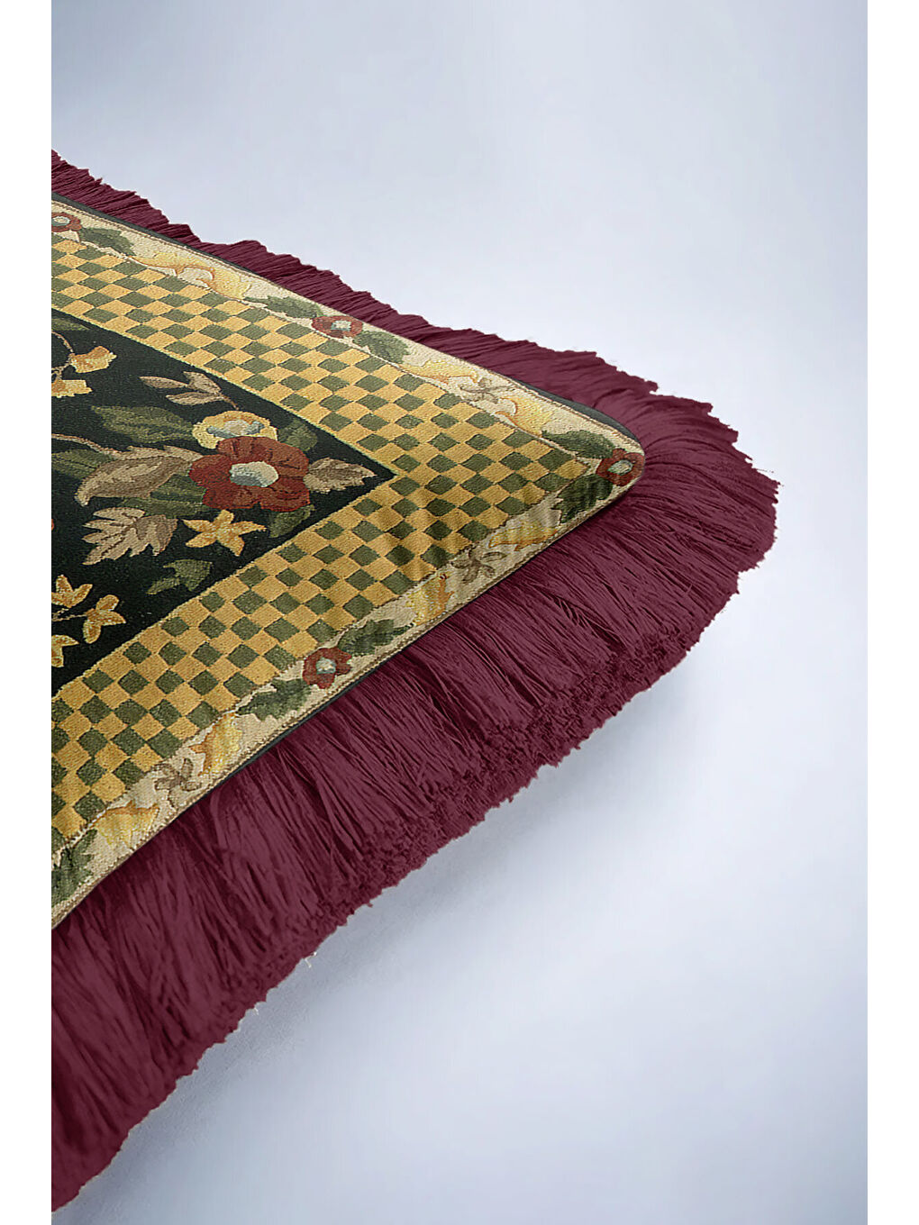 Karışık Vintage Çiçekli Saçaklı Yastık Kılıfı - Zarif Klasik Rustik Altın Renk Bordo Püsküllü Kırlent Kılıfı-6