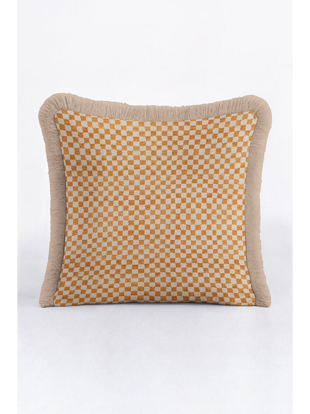 Karışık Lüks Modern Kareli Saçaklı Yastık Kılıfı - Bohem Ekose Altın Renkli Püsküllü Kırlent Kılıfı-2