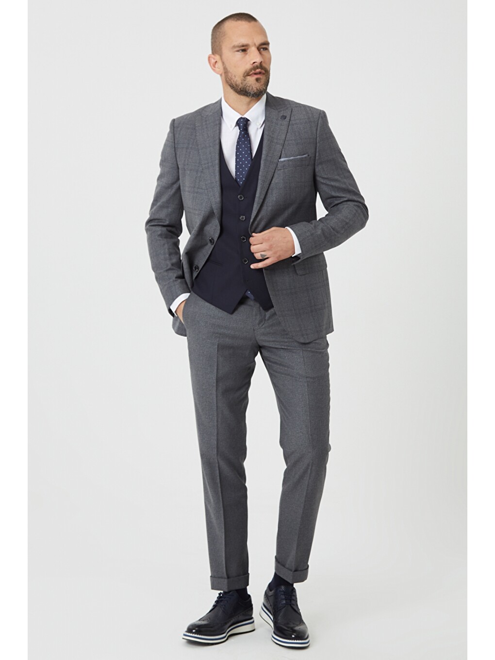Erkek Gri Slim Fit Dar Kesim Su Geçirmez Yelekli Nano Takım Elbise-4