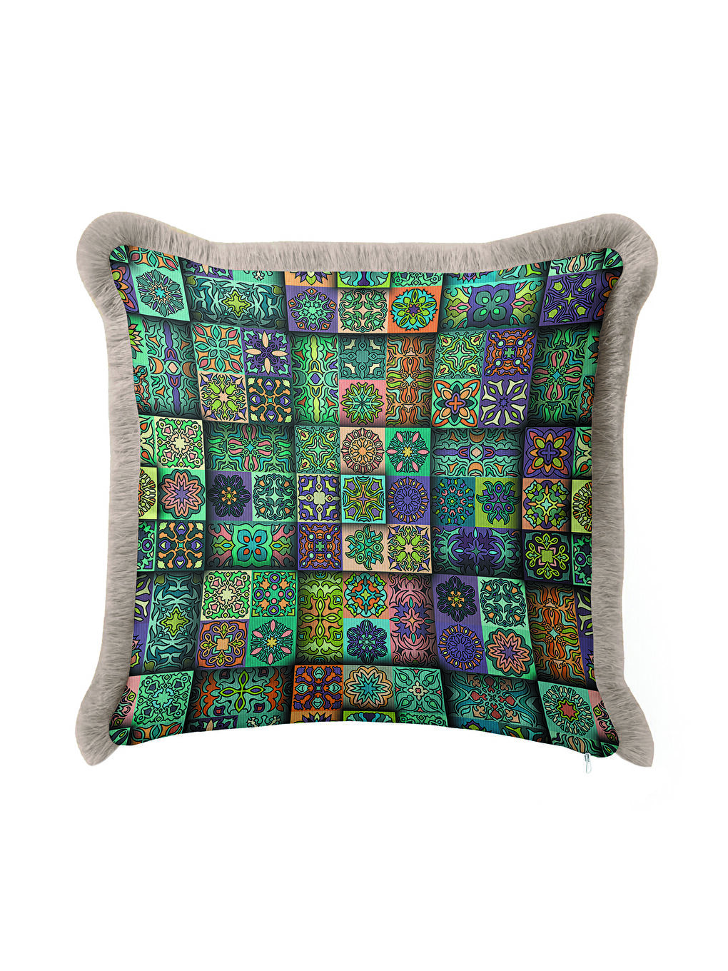 Karışık Etnik Motifli Saçaklı Yastık Kılıfı - Mozaik Bohem Yeşil Mavi Gri Püsküllü Kırlent Kılıfı-2