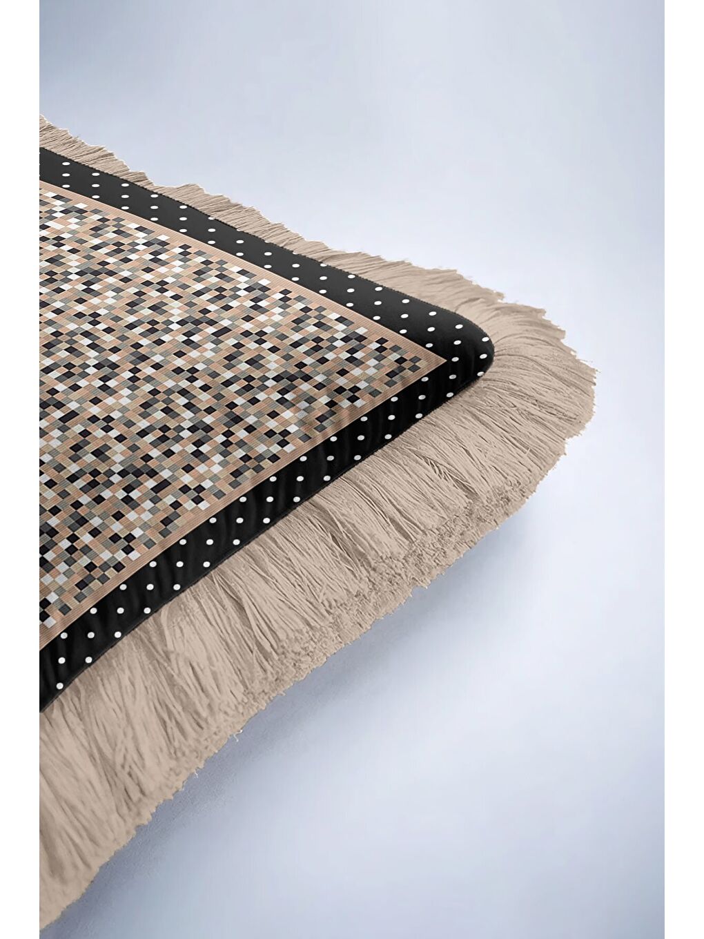 Karışık Mozaik Kareli Saçaklı Yastık Kılıfı - Geometrik Modern Siyah Bej Püsküllü Kırlent Kılıfı-6