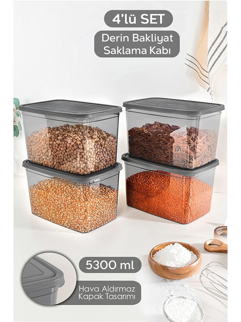 4 Adet Derin Erzak Saklama Kabı Büyük Boy Gıda Un Bakliyat Kabı Erzak Kutusu Antrasit 5300 ml