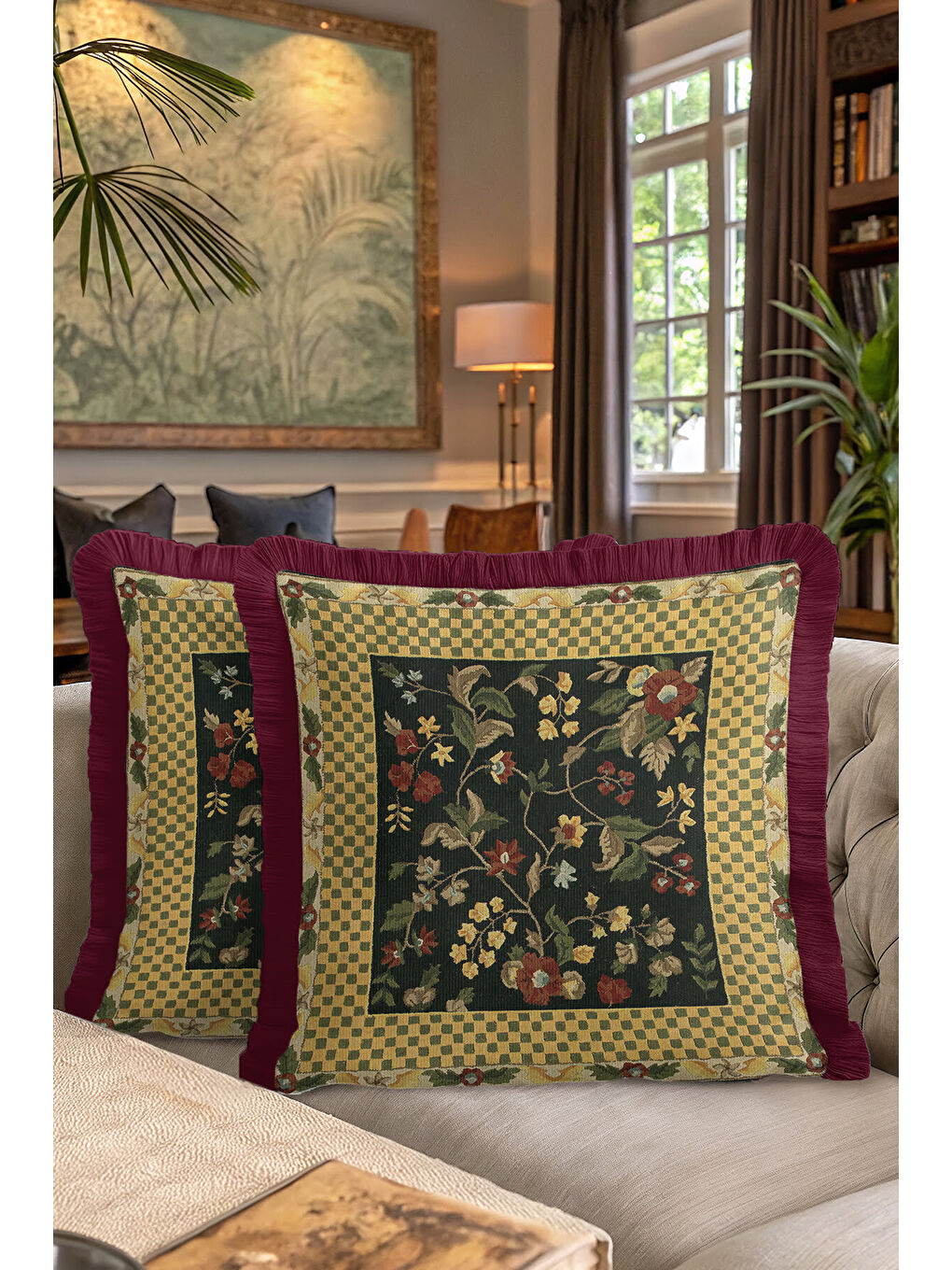 Karışık Vintage Çiçekli Saçaklı Yastık Kılıfı - Zarif Klasik Rustik Altın Renk Bordo Püsküllü Kırlent Kılıfı-7