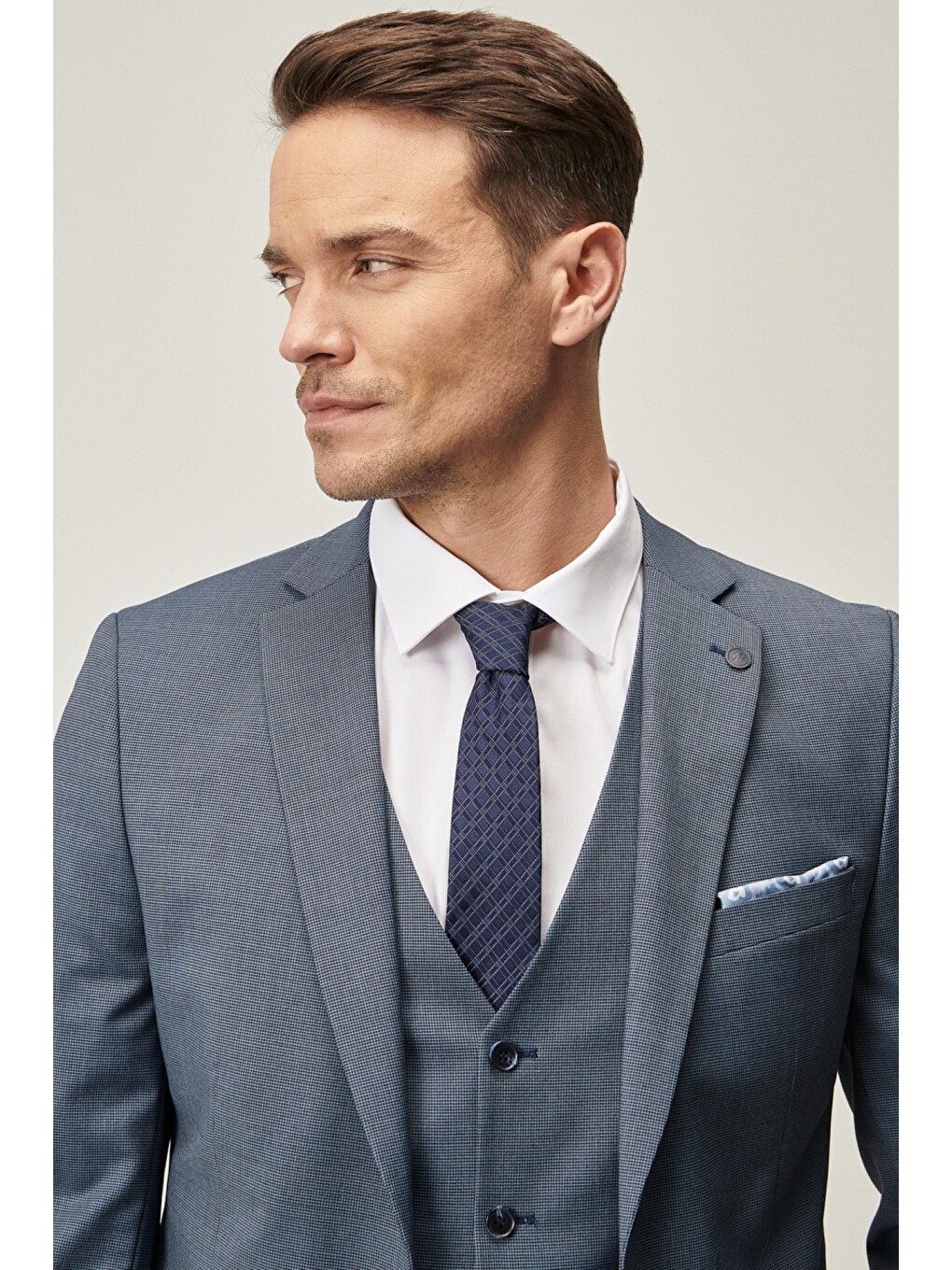 Erkek Lacivert-mavi Slim Fit Desenli Lacivert-mavi Yünlü Su Geçirmez Nano Yelekli Takım Elbise-3