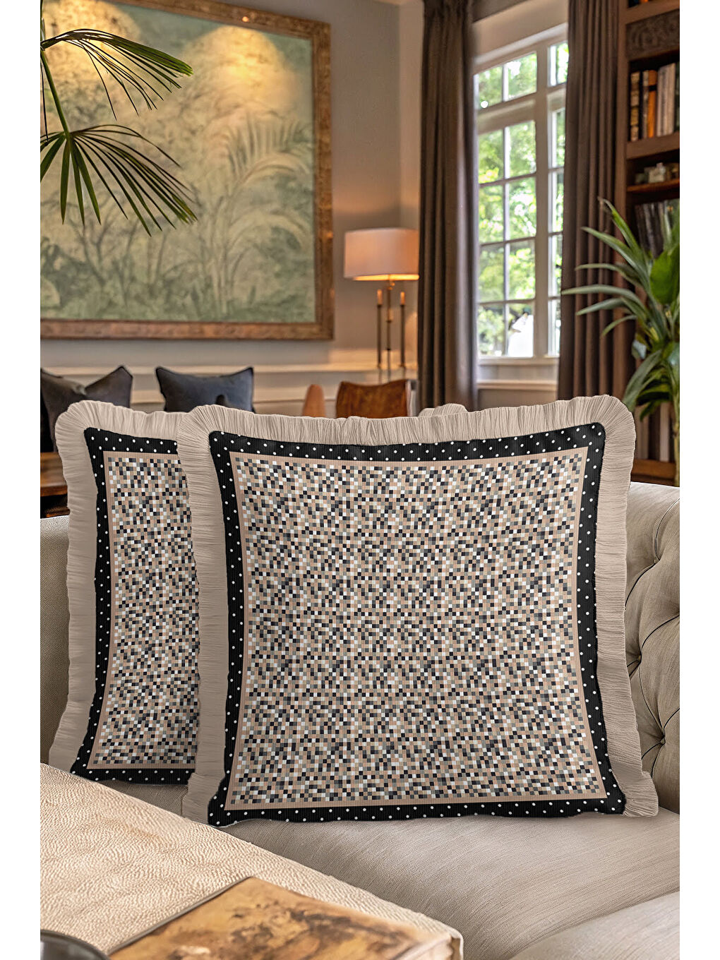 Karışık Mozaik Kareli Saçaklı Yastık Kılıfı - Geometrik Modern Siyah Bej Püsküllü Kırlent Kılıfı-7