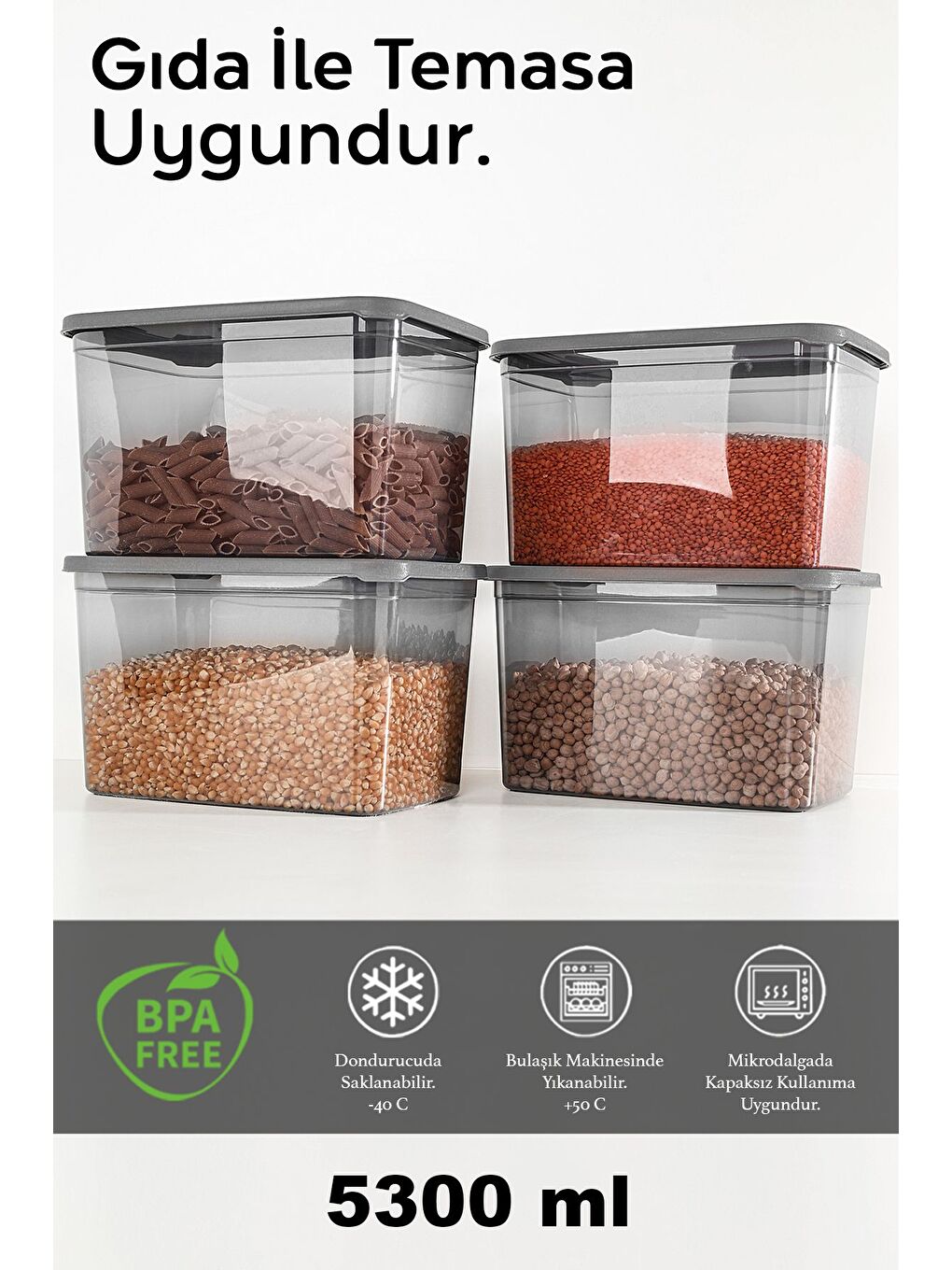 4 Adet Derin Erzak Saklama Kabı Büyük Boy Gıda Un Bakliyat Kabı Erzak Kutusu Antrasit 5300 ml-1