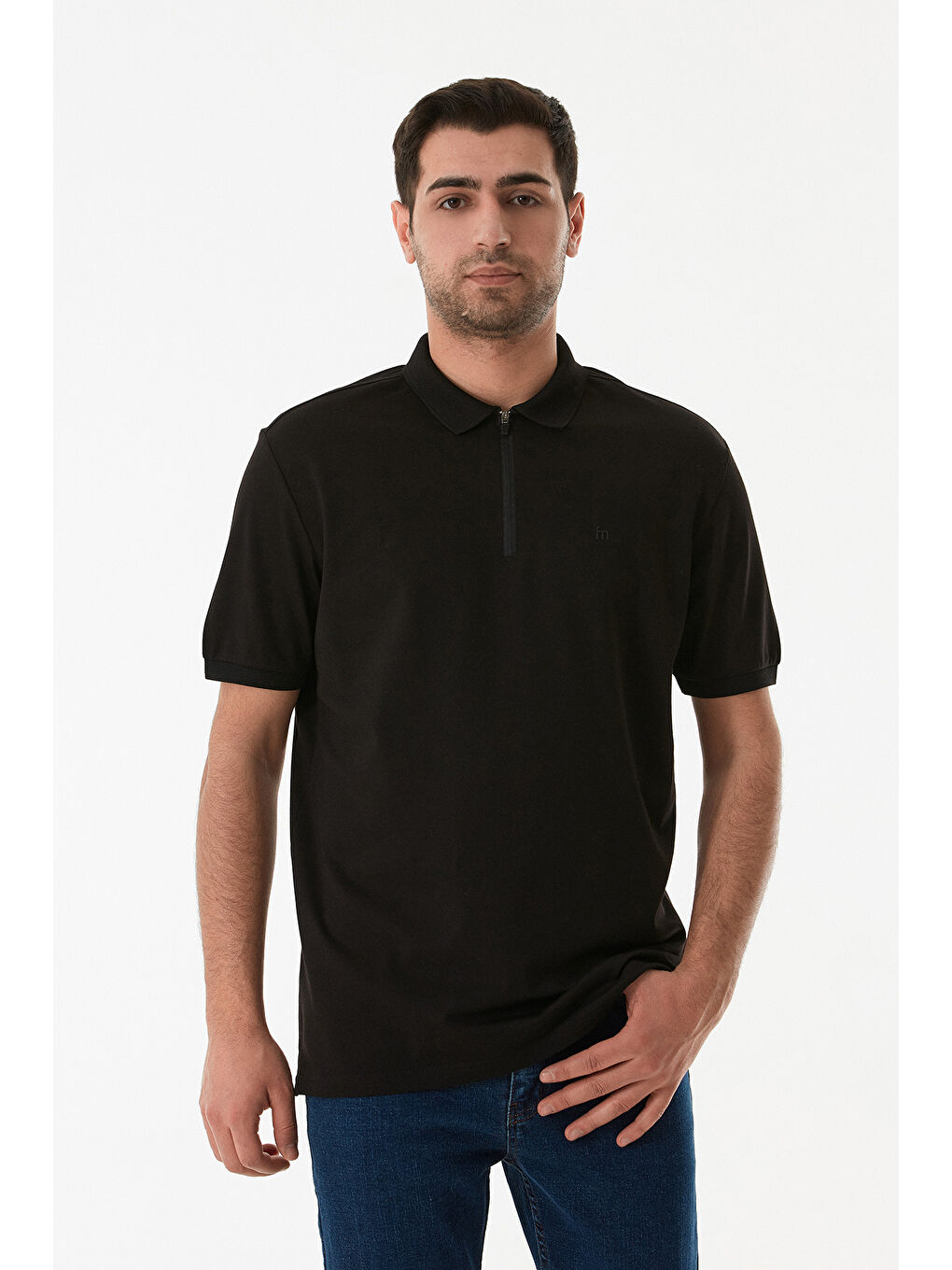 Siyah Oxford Kumaş Yarım Fermuarlı Polo Yaka Tişört