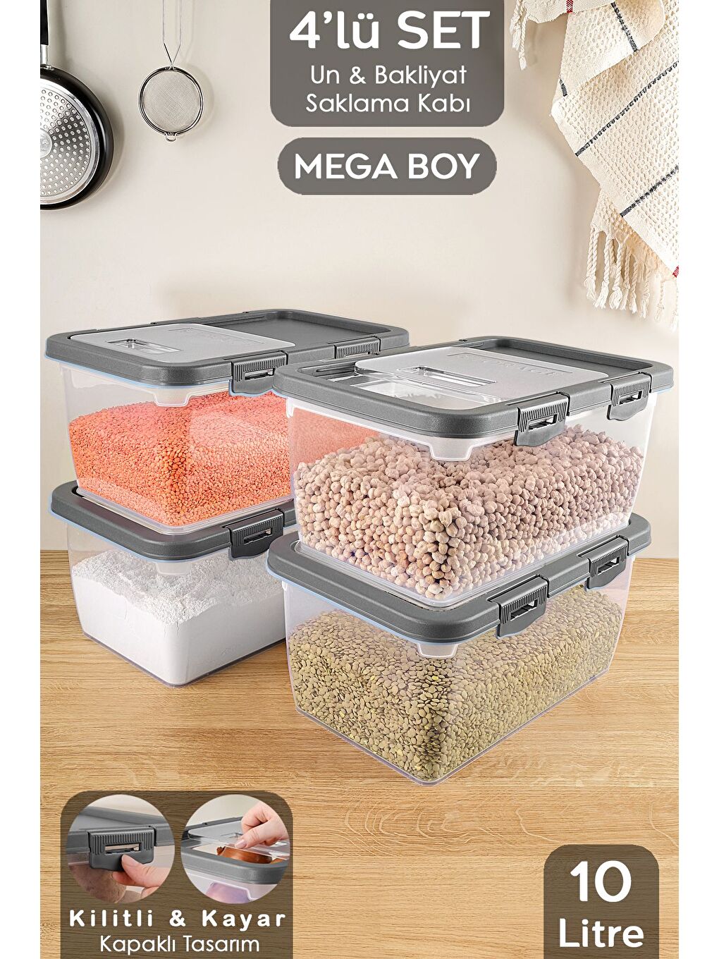 4'lü Kayar Kapaklı Bakliyat Saklama Kabı Gri 10 lt