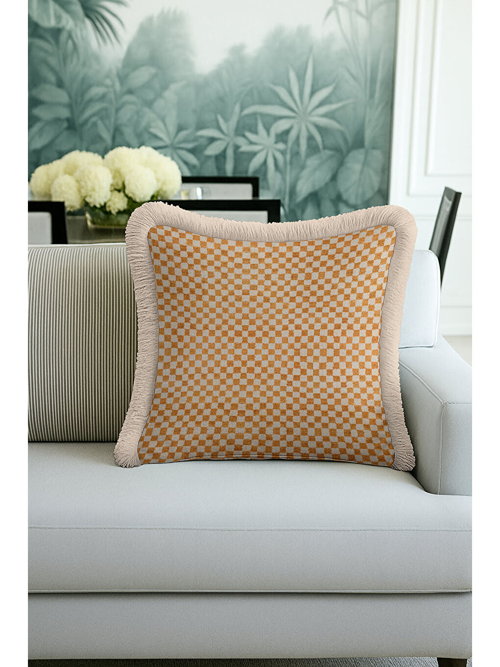 Karışık Lüks Modern Kareli Saçaklı Yastık Kılıfı - Bohem Ekose Altın Renkli Püsküllü Kırlent Kılıfı-4