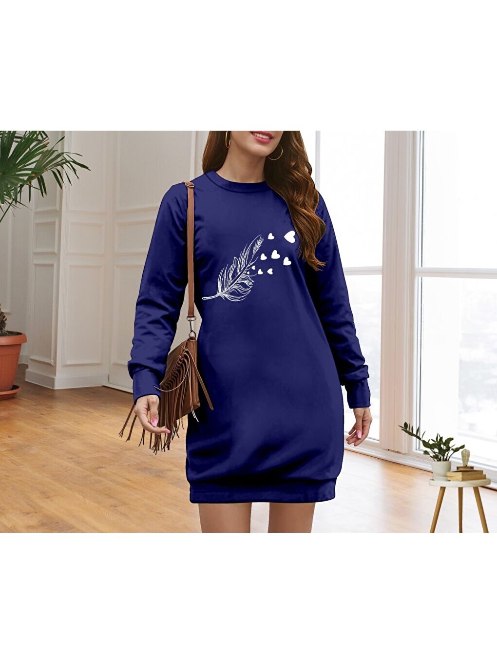 Lacivert Kadın Uzun Kollu Bisiklet Yaka Desenli Viskon Iki Iplik Elbise-2