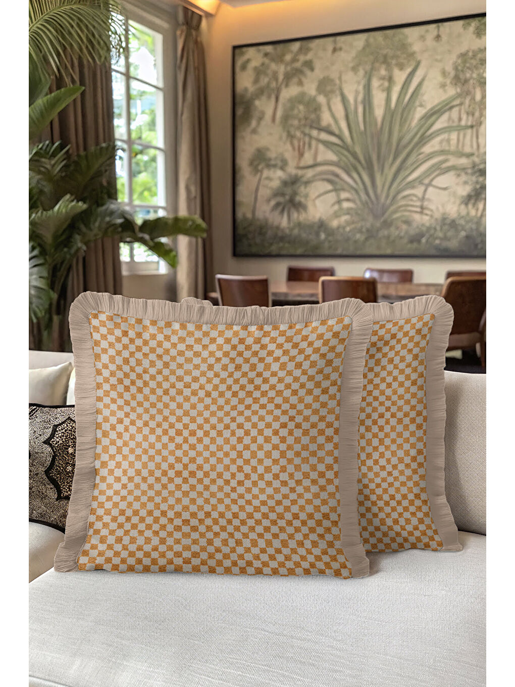 Karışık Lüks Modern Kareli Saçaklı Yastık Kılıfı - Bohem Ekose Altın Renkli Püsküllü Kırlent Kılıfı-5