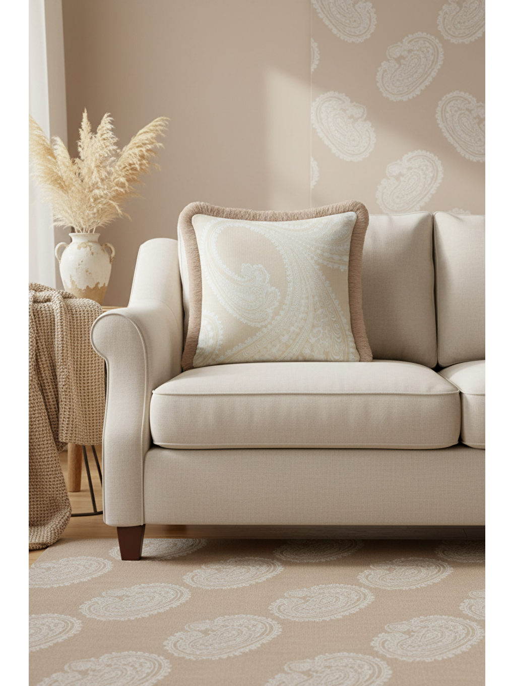 Karışık Zarif Saray Motifli Saçaklı Yastık Kılıfı - Klasik Country Bej Krem Püsküllü Kırlent Kılıfı-3