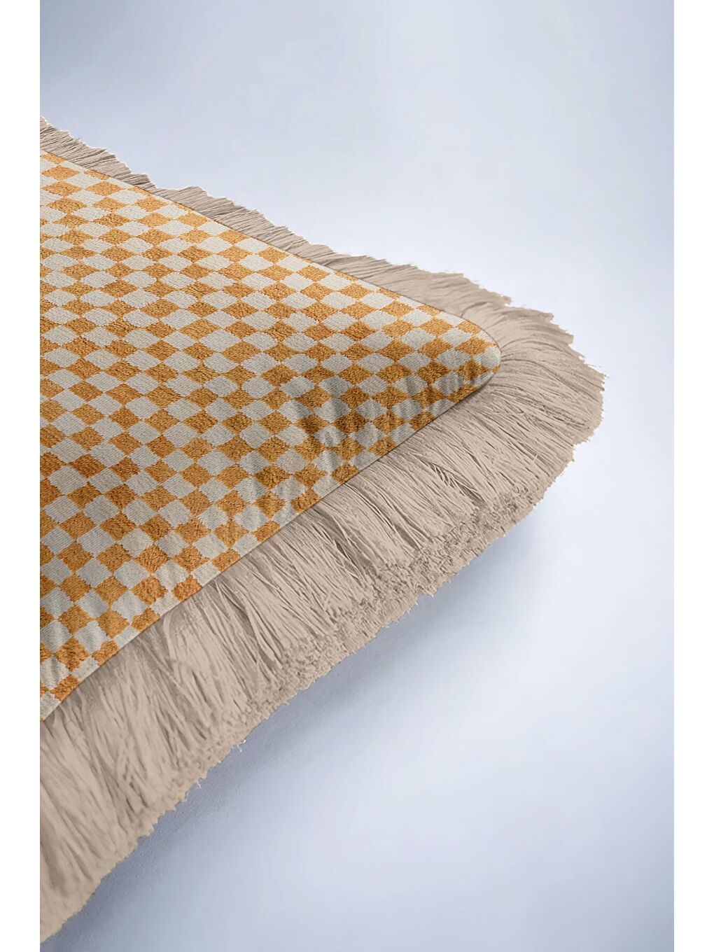 Karışık Lüks Modern Kareli Saçaklı Yastık Kılıfı - Bohem Ekose Altın Renkli Püsküllü Kırlent Kılıfı-6