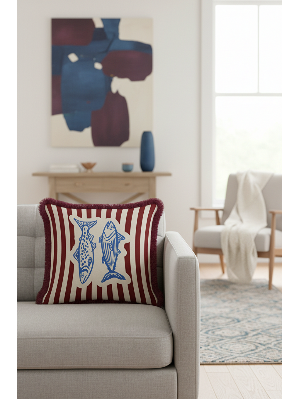 Karışık Marin Çizgili Saçaklı Yastık Kılıfı - Retro Deniz Temalı Mavi Bordo Püsküllü Kırlent Kılıfı-3