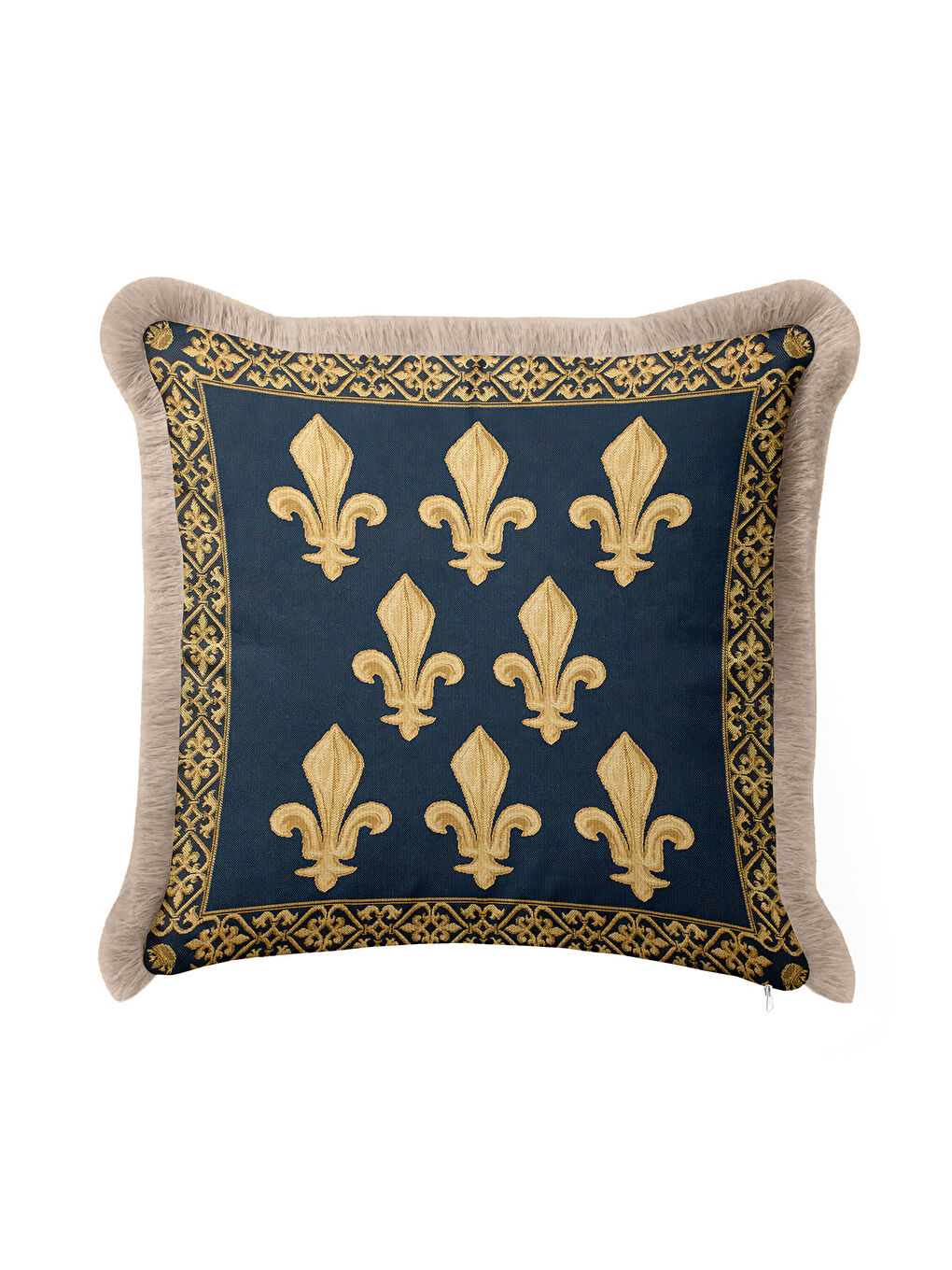 Karışık Saray Motifli Saçaklı Yastık Kılıfı - Fransız Esintili Klasik Lacivert Altın Püsküllü Kırlent Kılıfı