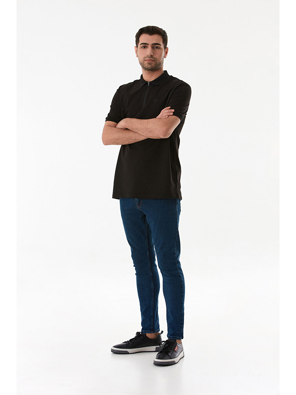 Siyah Oxford Kumaş Yarım Fermuarlı Polo Yaka Tişört-1