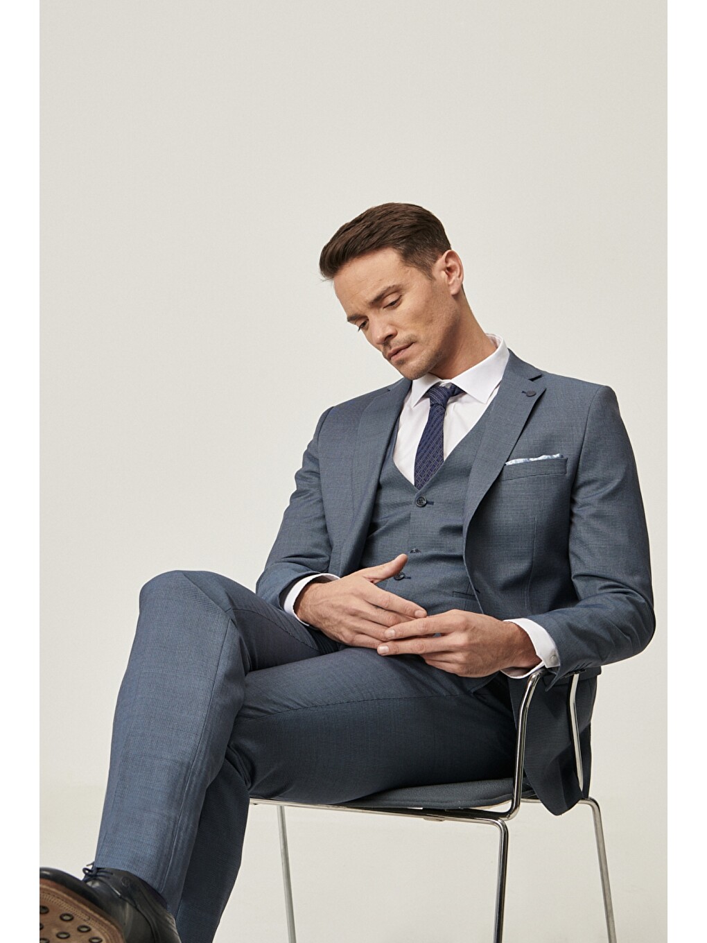 Erkek Lacivert-mavi Slim Fit Desenli Lacivert-mavi Yünlü Su Geçirmez Nano Yelekli Takım Elbise-5
