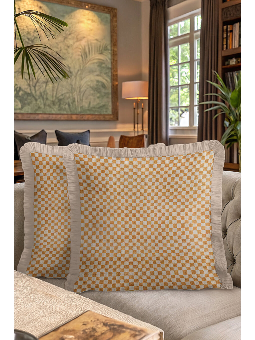 Karışık Lüks Modern Kareli Saçaklı Yastık Kılıfı - Bohem Ekose Altın Renkli Püsküllü Kırlent Kılıfı-7