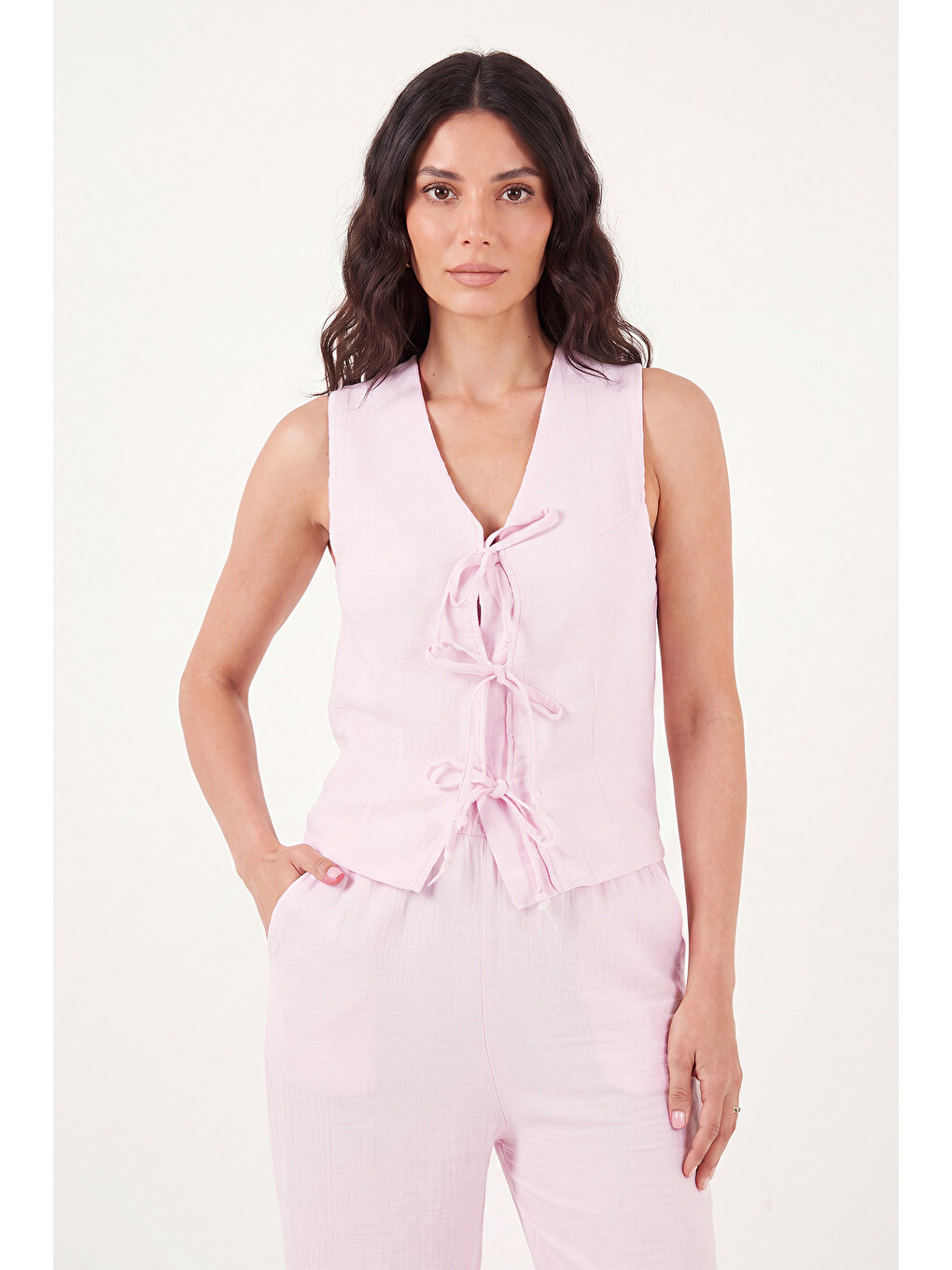 Pembe Pamuklu Regular Fit Bağlama Detaylı Kadın Alt-üst Müslin Takım 5866660-2