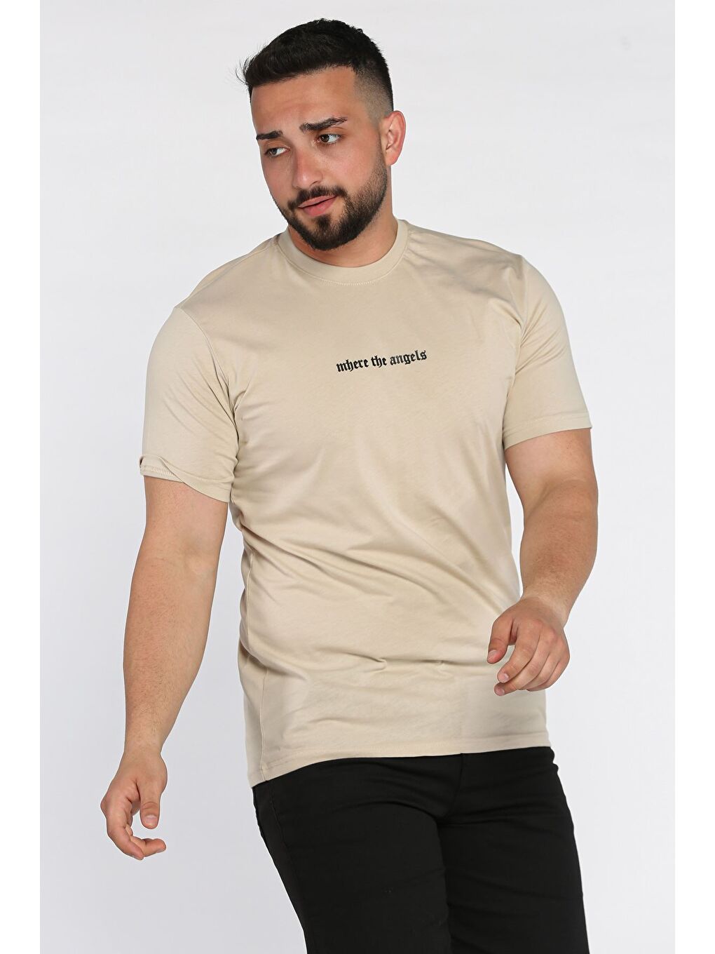 Bej Erkek Bisiklet Yaka Silikon Kabartma Baskılı Tişört