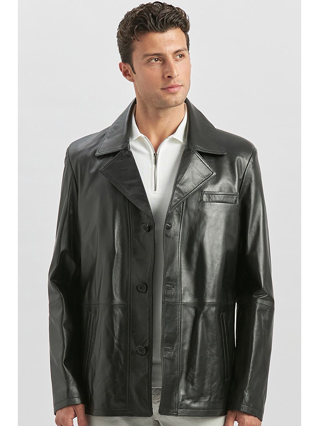 Siyah Hakiki Deri Kırlangıç Yaka Astarlı Slim Fit Dar Kesim Casual Deri Mont 1038235152-3