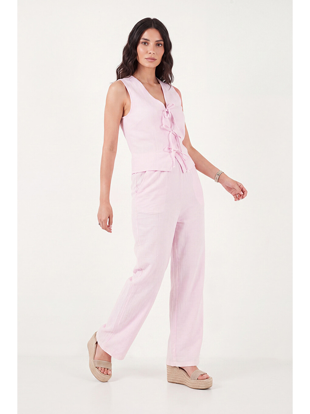 Pembe Pamuklu Regular Fit Bağlama Detaylı Kadın Alt-üst Müslin Takım 5866660-5
